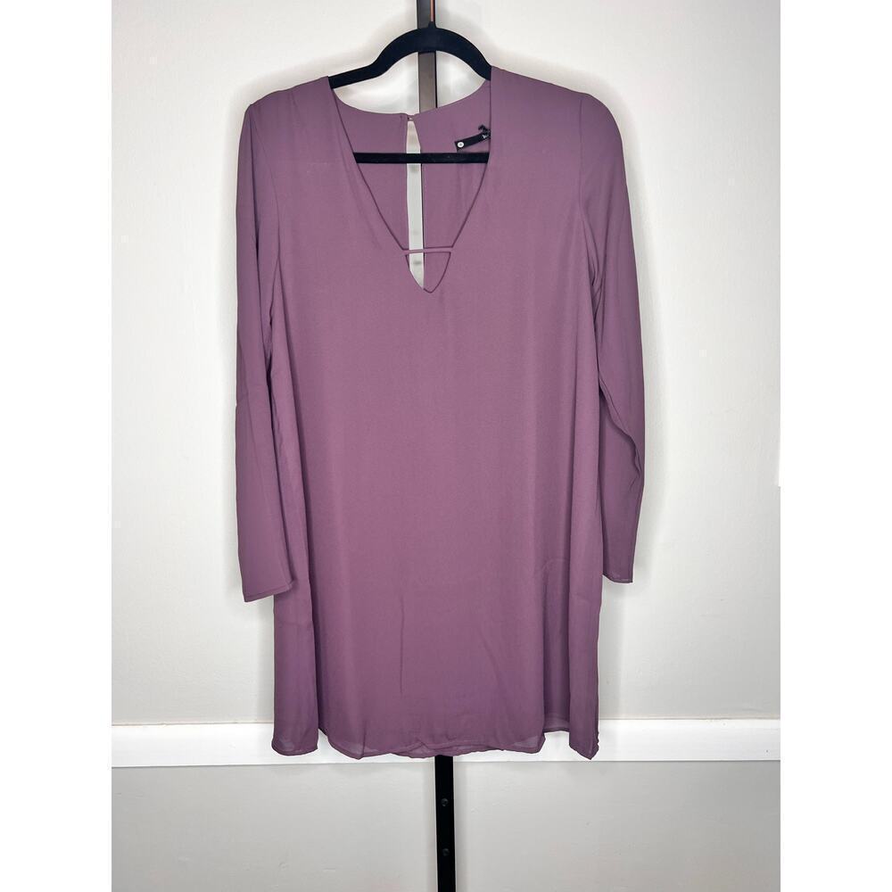 ☀️ Long Sleeve Deep V-Neck Shift Mini Dress Plum Purple Women's Size S NWT